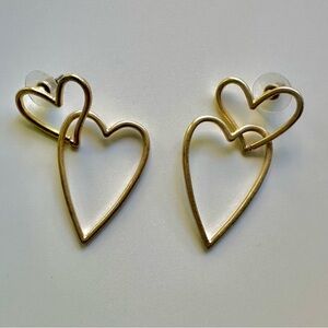 Gold overlapping heart dangle hoop earrings